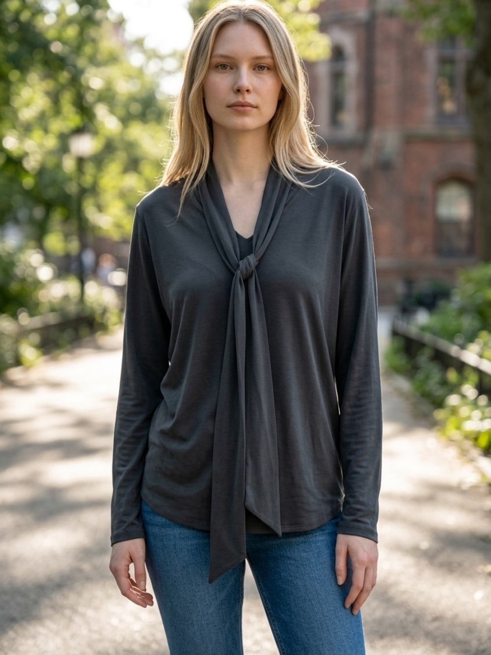 Nine West Charcoal Tie-Neck Long Sleeve Blouse